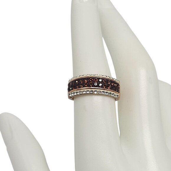 Gold Plated Ring Brown Clear Crystal Accents Size 7 Elegant Sparkling Design - Picture 1 of 5